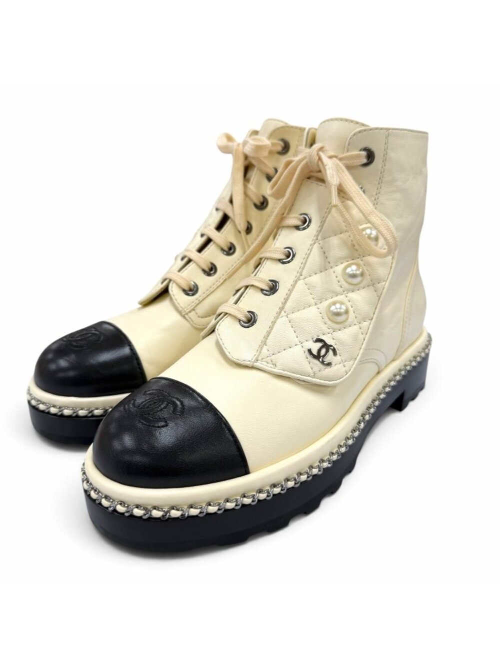 Chanel CC Logo Ecopearl Leather Short Boots Ivory Black